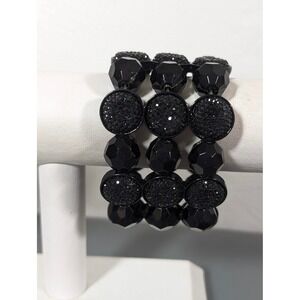 Black Faux Drusy Faceted Bead Wide 3 Row Stretch Bracelet Goth Glam 7 in